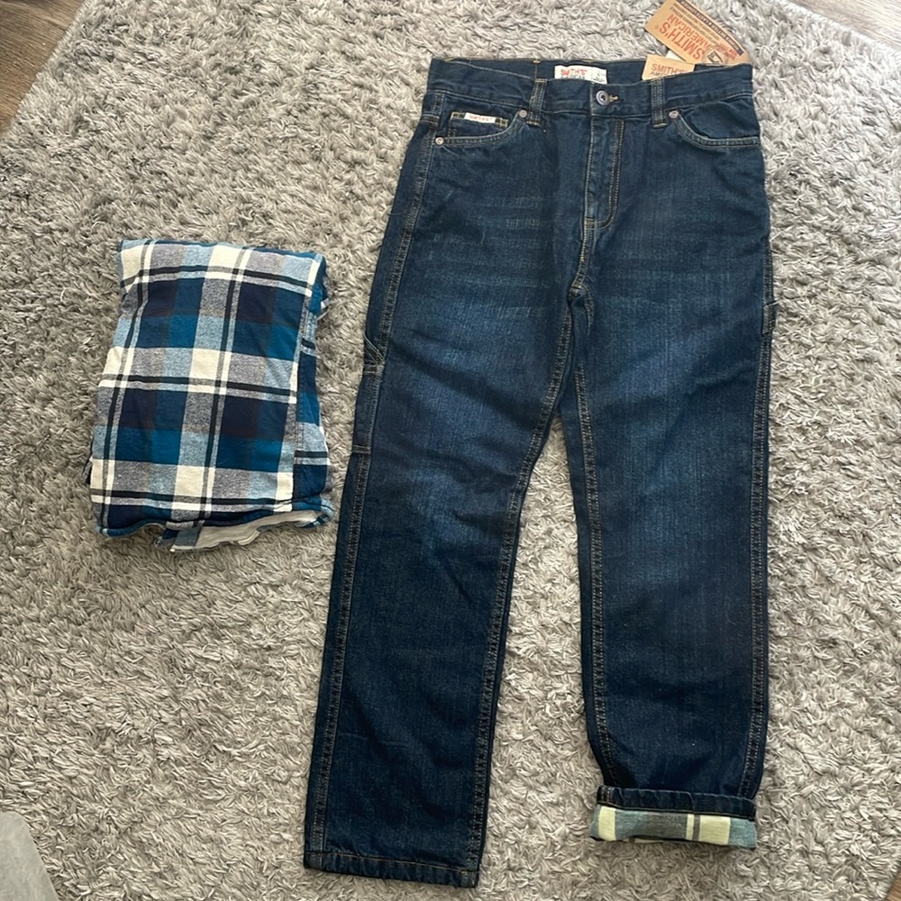 Boys 2 piece set. Flannel long sleep button up NWT flannel lined jeans. 10-10/12